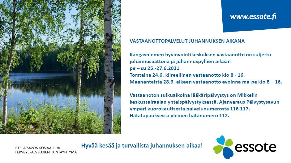 Hyvinvointikeskuksen palvelut juhannuksen aikana | Kangasniemi